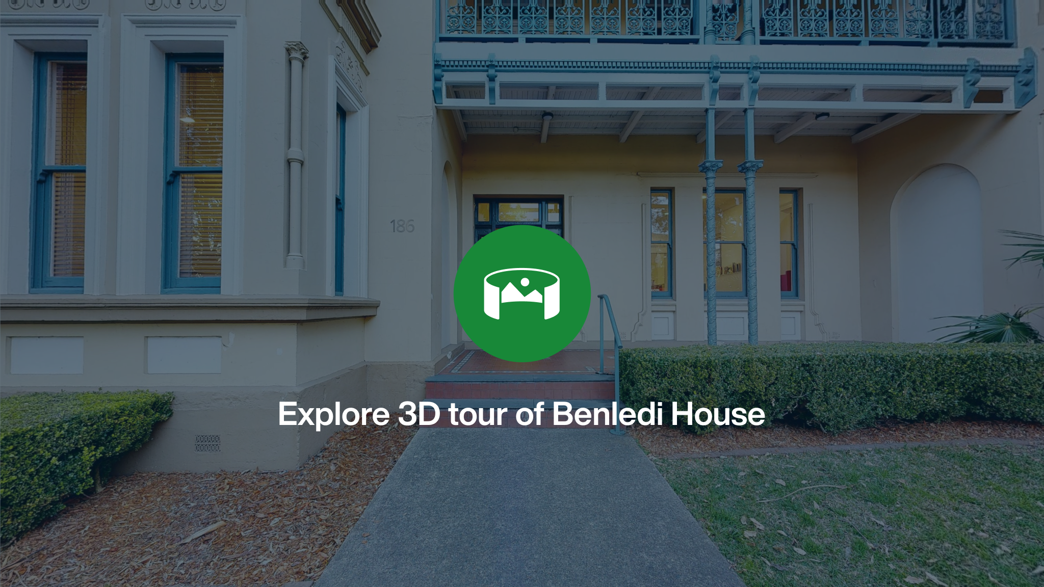 The front entrance to Benledi House overlayed with a green icon and the words Explore 3D tour of Benledi House.