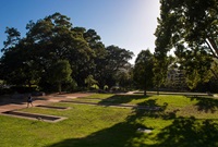 A water garden artwork set within three levels of gardens surrounded by large trees