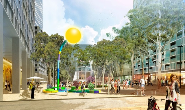 An artist's rendering of a city street with a yellow balloon.