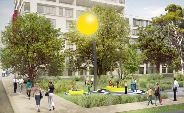 An artist's rendering of a city street with a yellow balloon.