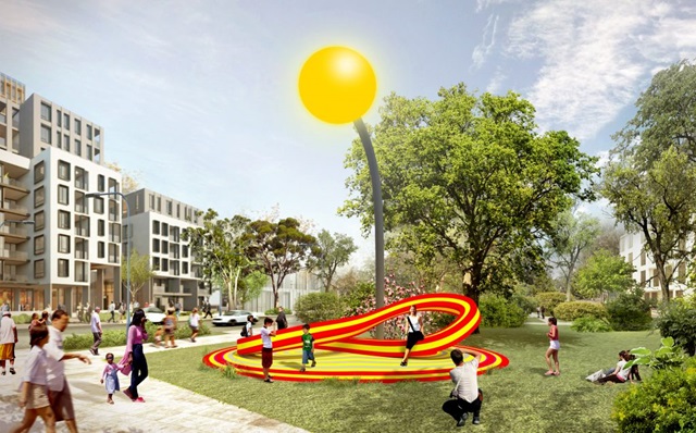 An artist's rendering of a city street with a yellow balloon.
