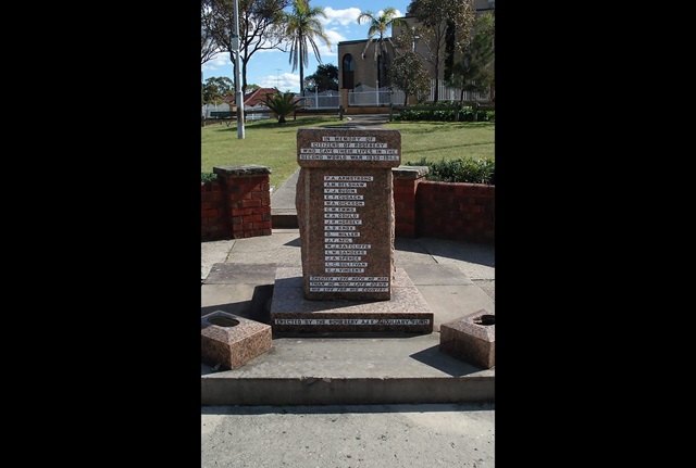 A granite plinth engraved with the words "In memory of the citizens of Rosebery who gave their lives in the second World War 1939-1945." and a list of names.