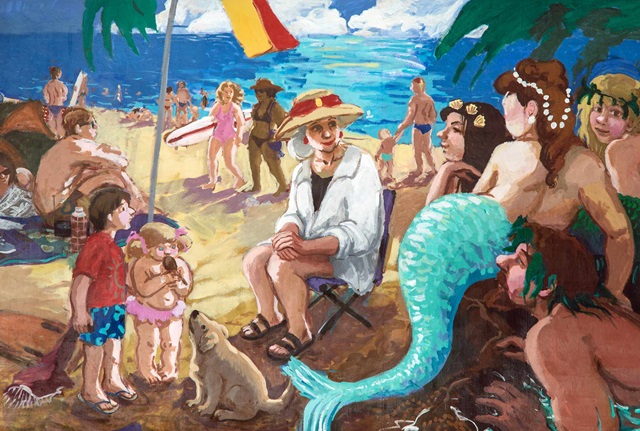 painted mural of beach scene with a crowd of people and ladies dressed as mermaids