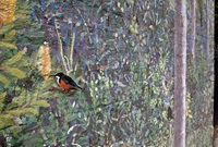 mural on a wall depicting a bush scene with Australian flora and fauna with  a bird as the focus at the centre
