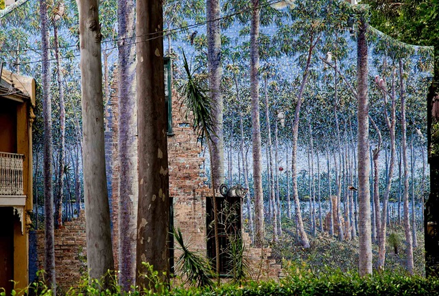 mural on a wall depicting a bush scene with Australian flora and fauna, 2 large gumtrees in the foreground