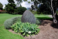 Overscaled seed-like sculpture placed in a Royal Botanic Garden flower bed