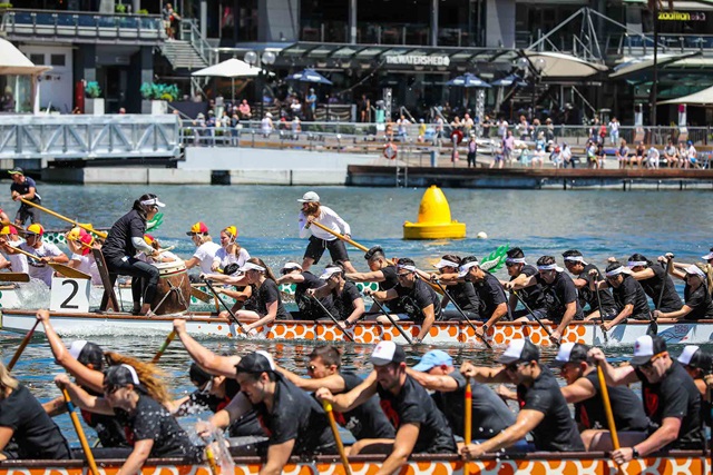 Teams compete in a dragon boat race on a sunny day, with paddlers synchronized in two boats. Spectators line the waterfront in the background.
