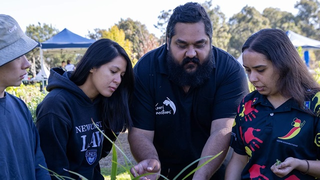 Four people stand outdoors examining plants together, with one person pointing at the greenery. Trees and a tent are visible in the background.