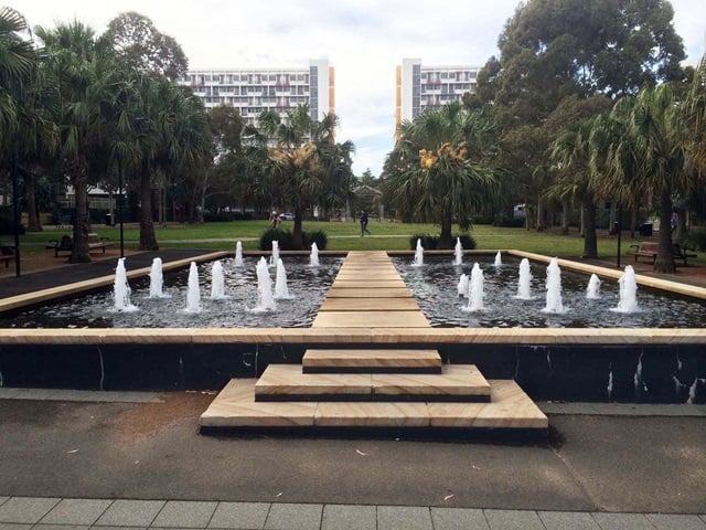 Open space with a fountain.