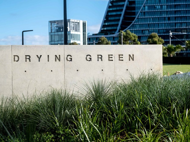 The words Drying Green on the sign are chiselled into standing concrete panels, surrounded by grass shrubs in the foreground with trees and buildings across the park in the background.