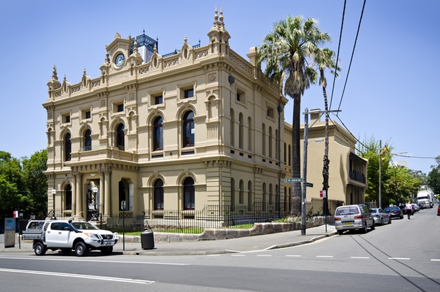 The facade of Glebe Town Hall from across the road.