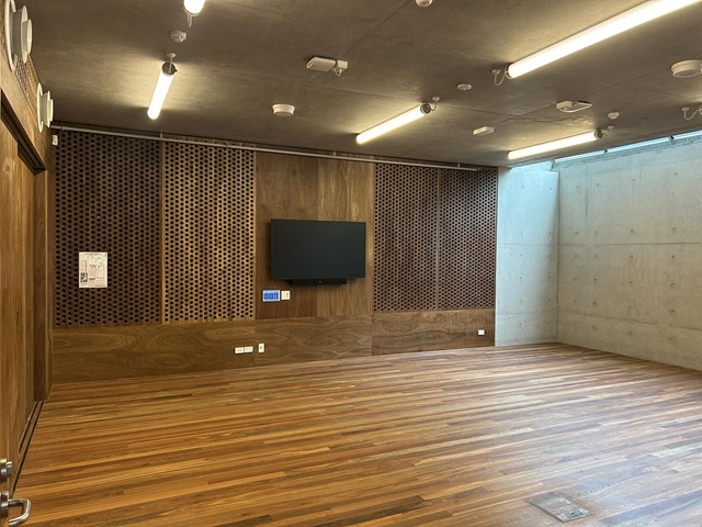Empty room with wooden floor and walls, a wall-mounted TV, and overhead lighting. Concrete wall on one side.