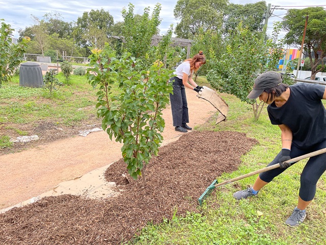 City Farm gardeners renewing garden beds soil.