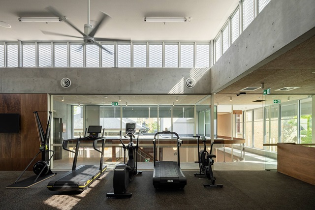 Modern wooden and concrete gym interior with two treadmills, a rowing machine, and exercise equipment. Large windows and a ceiling fan provide light and ventilation.