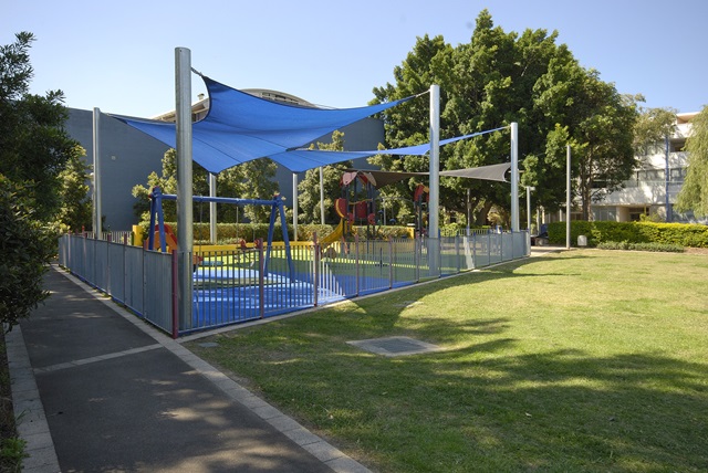 View of shade sails over Beaconsfield Park playground