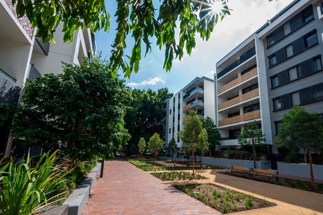 An open area between residential buildings, with wide brick paths, native trees and benches.