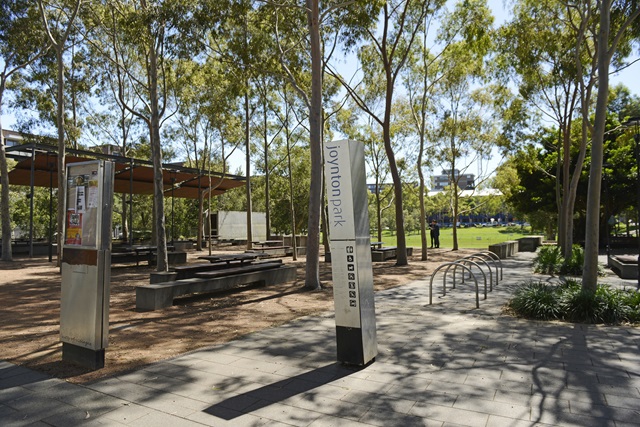 A shaded area of Joynton Park featuring bike racks.