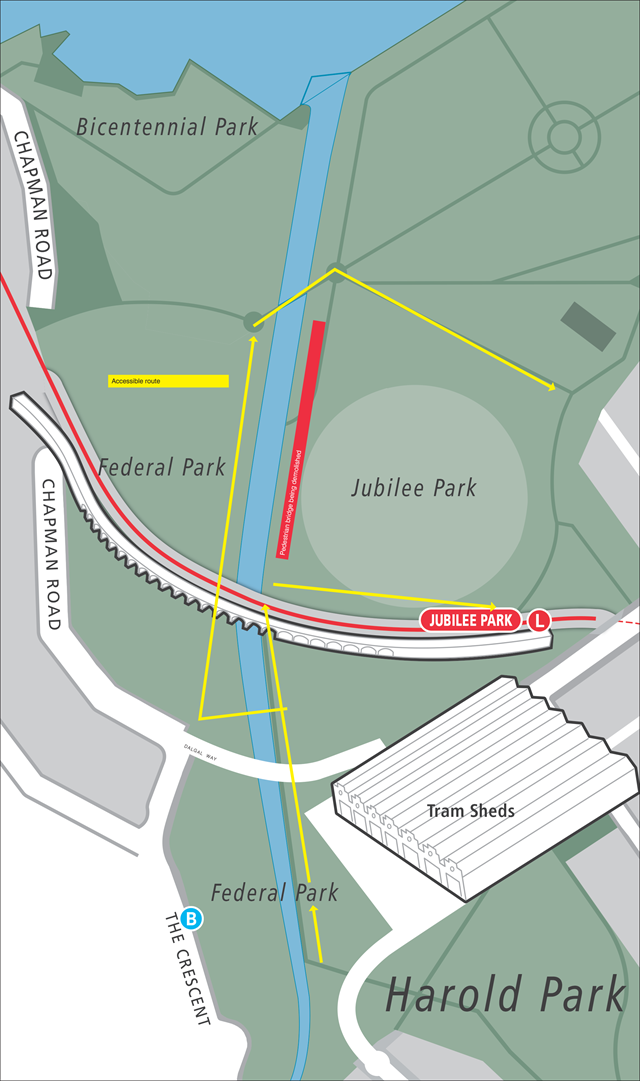 Map showing alternative walking and cycling route around Jubilee Oval.