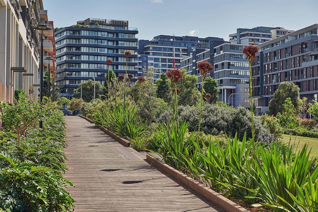 Wooden pedestrian walkway bordered by green plants, flowers and bushes, with modern apartment buildings in the background under a clear sky.
