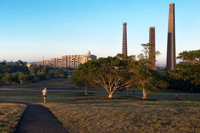 Views of Sydney Park in the early morning with trees and industrial chimneys in the distance and a jogger running up the hill.