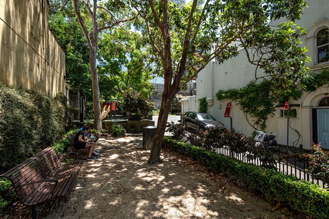 A person sits on a bench under a tree in a small, sunlit park with surrounding buildings and parked cars.