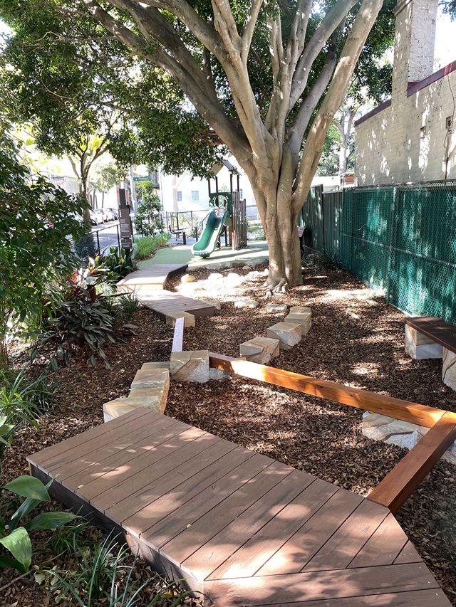 Small urban park with benches, surrounded by a chain-link fence, trees, and nearby residential buildings.