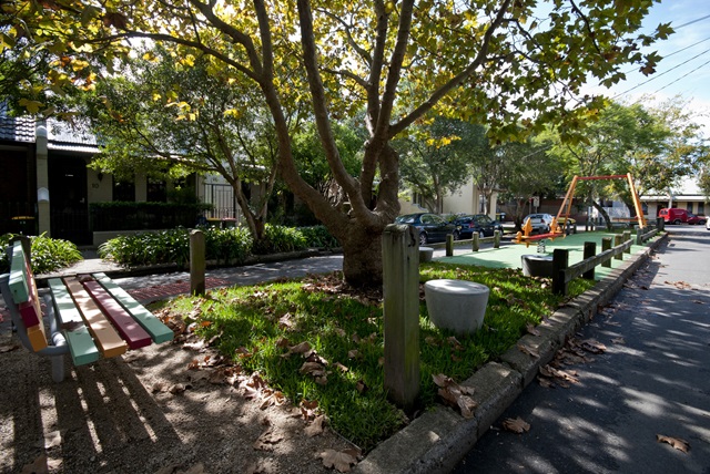 A large tree and seat in the foreground and the play equipment in the background