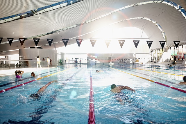View of the pol with people lap-swimming.