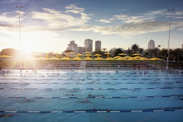 View of the 50 metre outdoor pool at sunrise
