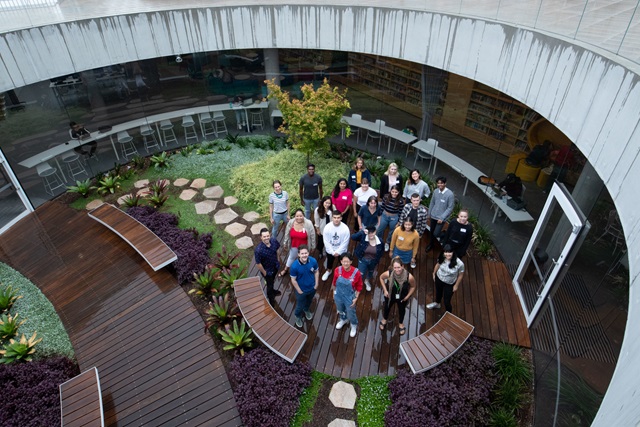 Group shot in a courtyard from above