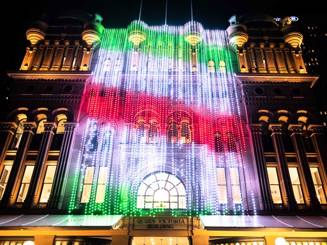 Christmas lights and decorations on display in QVB building