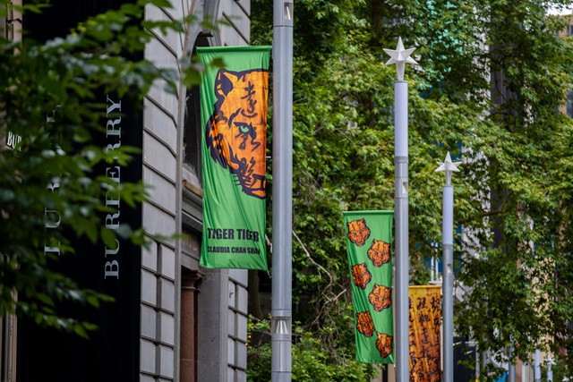 Lunar Festival banners on poles celebrating the Year of the Tiger in 2022.