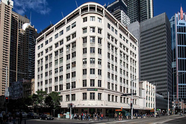 Facade of a multi-story building in the city.