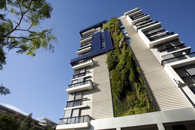 An apartment building with a green wall down the middle of the building.
