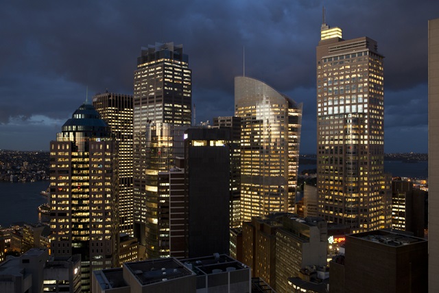 Skyscrapers with lights on