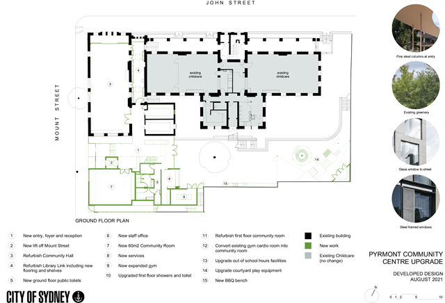 Proposed ground floor plan. It includes a new entry and lift at Mount Street. As you enter the new Mount Street entrance, new facilities on the right-hand (or southeast) side include new ground floor public toilets, new staff office, new 60m2 community room, and new services. Outside a new barbecue bench and the ground floor courtyard and play equipment will be upgraded. As you enter the new Mount Street entrance, on the left-hand (or northwest) side, the community hall and library link will be refurbished. Some images show examples of the material palette for the upgrade. They include fine steel columns at entry, green planting, glass windows to street and streel framed windows.