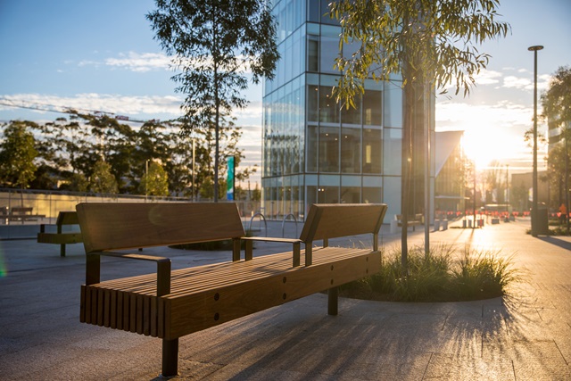 A bench in front of the glass building which is the library, photo taken at sunset