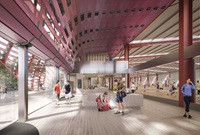 Architectural rendering of a spacious entry area with a high ceiling. The ceiling and structural columns are painted in vibrant red, with sunlight filtering through patterned cut-outs casting dynamic shadows on the floor. People are casually walking around with some sitting on benches.