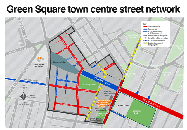 Map showing new and proposed roads and paths for walking and cycling.