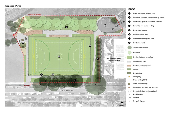 Map illustrating construction plans for the synthetic field and surrounding park area.