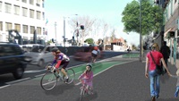 Artist's impression of a street view with a bicycle lane and people cycling, people walking, tall buildings and a tree.
