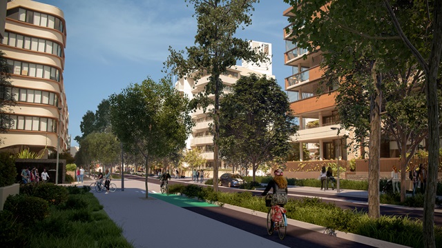 Artist's impression shows path with trees and tall buildings behind and people riding bikes.