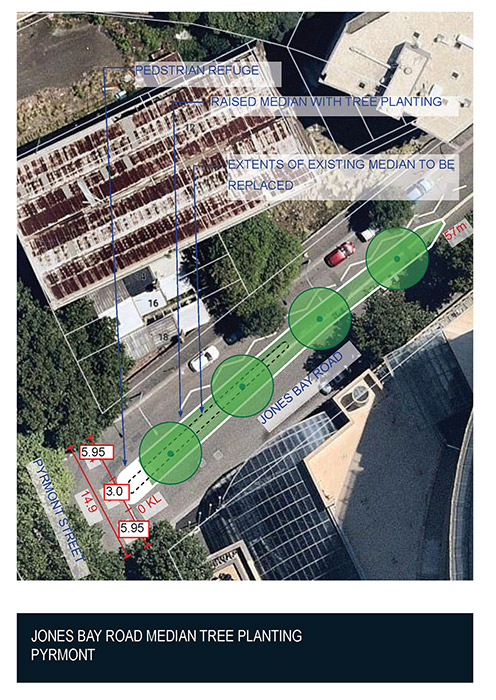 An aerial image of Jones Bay Road Pyrmont area with the affect area highlighted in green.