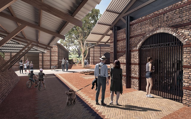 An artist's rendering of a courtyard with people and dogs.