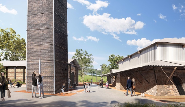 An artist's rendering of a brick building with people walking around it.