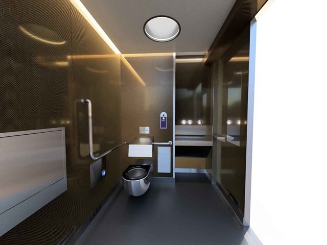 Toilet with handrails and wash basin.