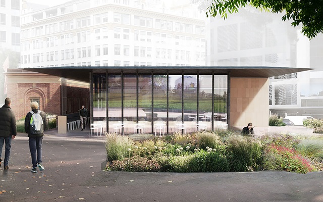 Artist's impression of what the park's cafe will look like. It has mirrored glass windows and a flat roof.