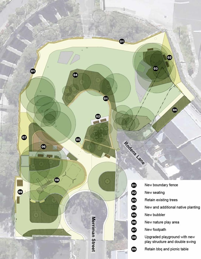 A drawing showing the outline of a park near Rodens lane and Merriman Street. Numbers indicate structures or features that are part of the works.