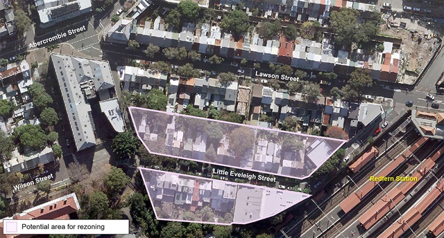 Aerial photo highlights potential area for rezoning of residences on Little Eveleigh Street from the corner of Lawson Street to the corner of Wilson Street.