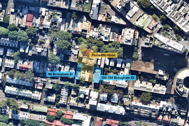 Aerial view of Brougham Street with 90, 100-104, and the proposed location of the Piccadilly Hotel highlighted.
